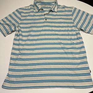 Men’s Patagonia Blue and cream striped polo shirt 100% cotton size Large